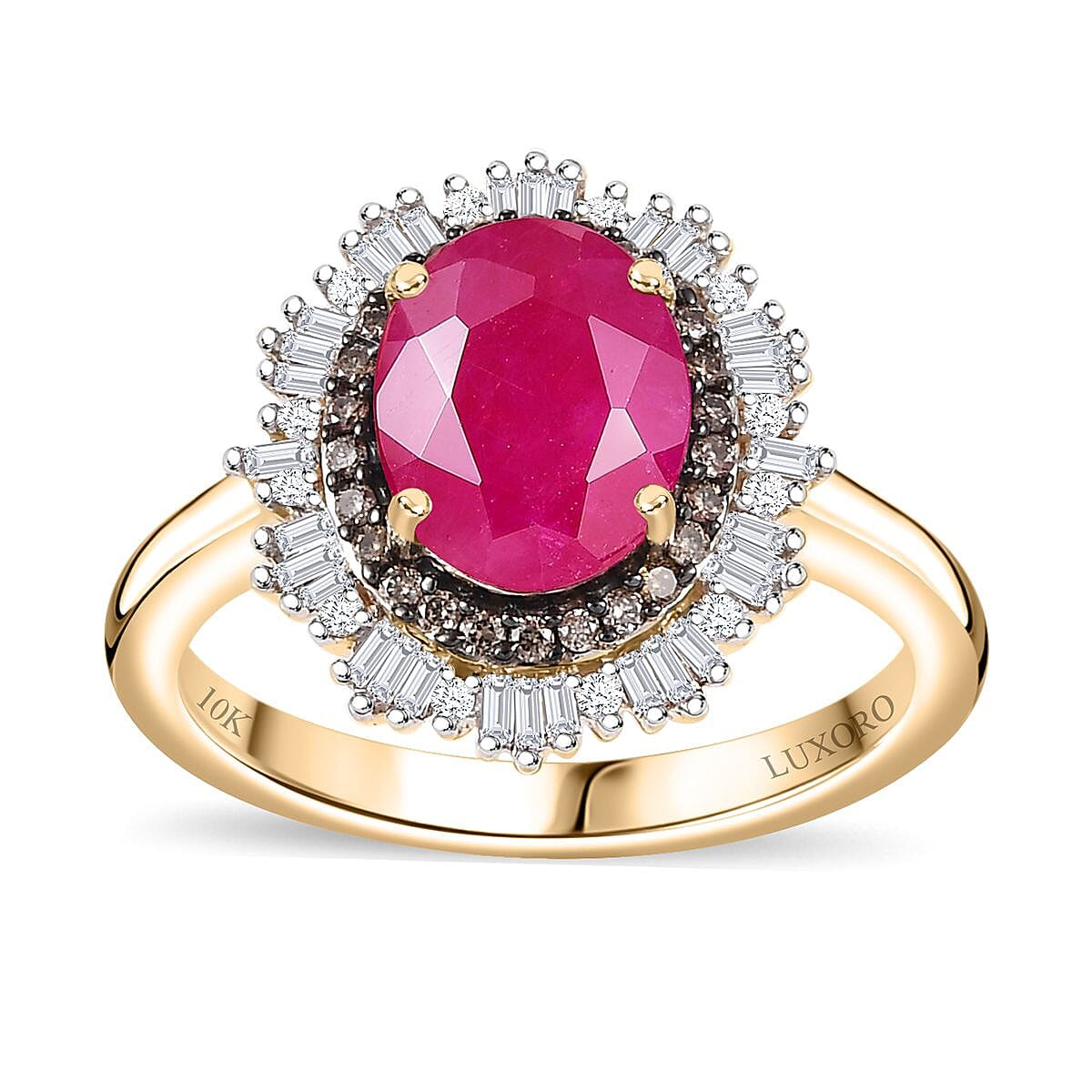 Certified & Appraised Luxoro AAA Royal Ruby, G-H I2 Natural Champagne and White Diamond 3.06 ctw Sunlit Rose Ring in 10K Yellow Gold (Size 8.0) image number 0