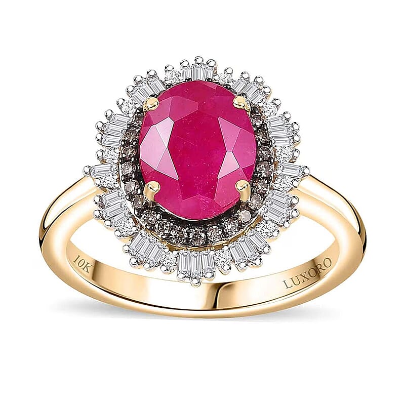 Certified & Appraised Luxoro AAA Royal Ruby, G-H I2 Natural Champagne and White Diamond 3.06 ctw Sunlit Rose Ring in 10K Yellow Gold (Size 8.0)