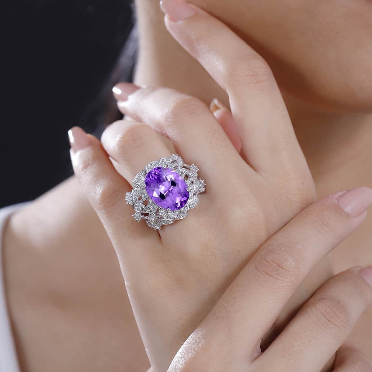 Moroccan Rose, White Zircon Leaves Ring in Rhodium Over Sterling Silver (Size 10.0) 10.50 ctw image number 2