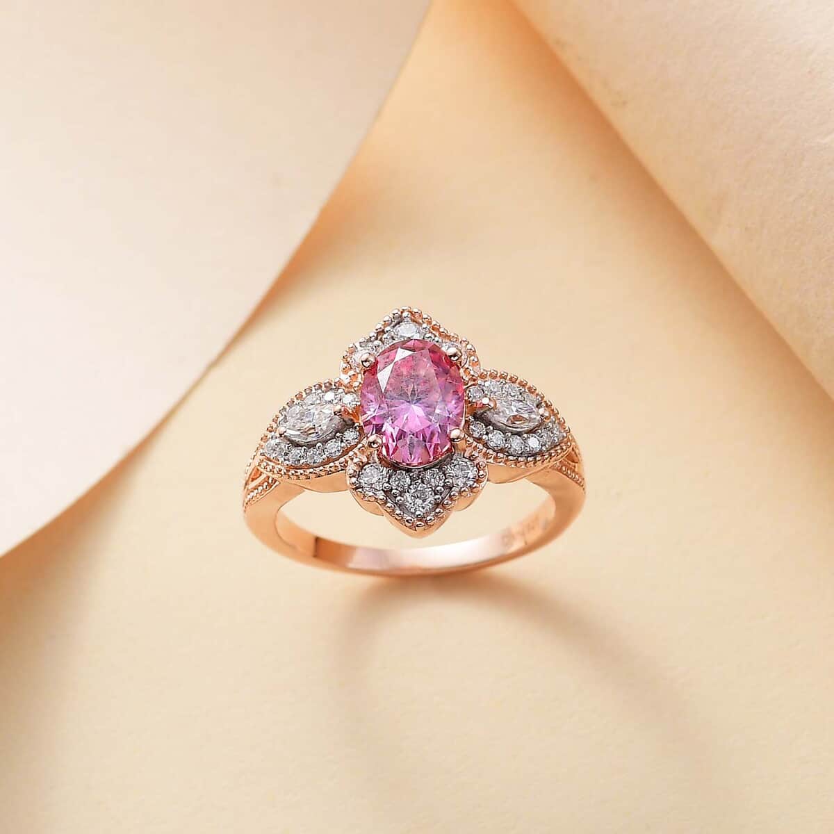 Pink and White Moissanite 1.80 ctw Lotus Ring in 18K Vermeil Rose Gold Over Sterling Silver (Size 6.0) image number 1