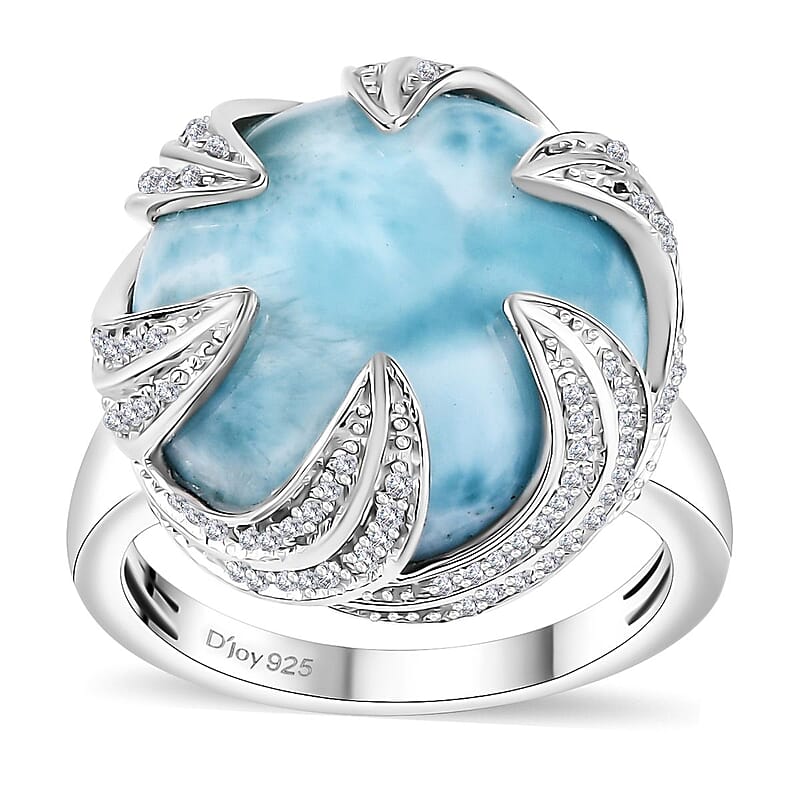Larimar and White Zircon 14.85 ctw Ocean Waves Ring in Rhodium Over Sterling Silver (Size 10.0)