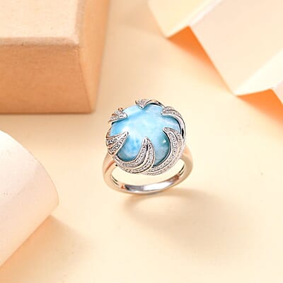Larimar and White Zircon 14.85 ctw Ocean Waves Ring in Rhodium Over Sterling Silver (Size 10.0)