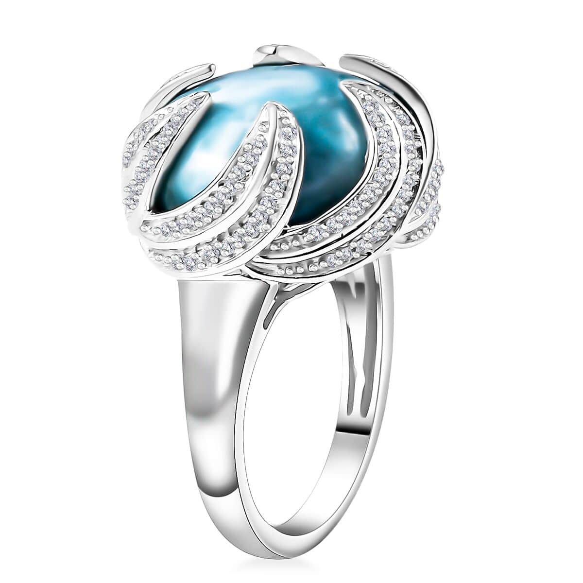 Larimar, White Zircon Ring in Rhodium Over Sterling Silver (Size 10.0) 14.85 ctw image number 3