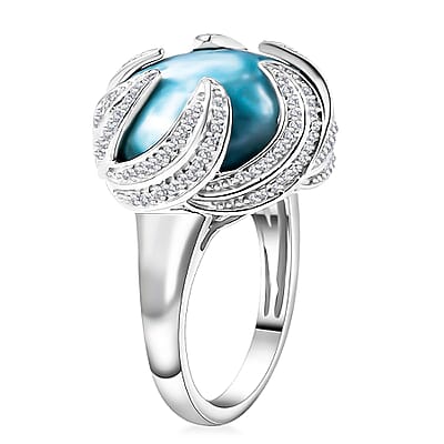 Larimar and White Zircon 14.85 ctw Ocean Waves Ring in Rhodium Over Sterling Silver (Size 10.0)