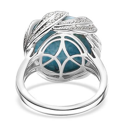 Larimar and White Zircon 14.85 ctw Ocean Waves Ring in Rhodium Over Sterling Silver (Size 10.0)