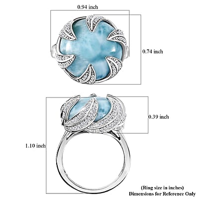 Larimar and White Zircon 14.85 ctw Ocean Waves Ring in Rhodium Over Sterling Silver (Size 10.0)