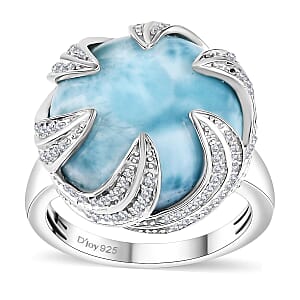 Larimar and White Zircon 14.85 ctw Ocean Waves Ring in Rhodium Over Sterling Silver (Size 8.0)