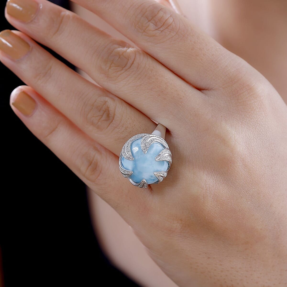 Larimar and White Zircon 14.85 ctw Ocean Waves Ring in Rhodium Over Sterling Silver (Size 9.0) image number 2