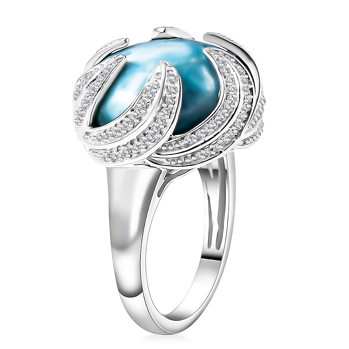 Larimar and White Zircon 14.85 ctw Ocean Waves Ring in Rhodium Over Sterling Silver (Size 9.0) image number 3