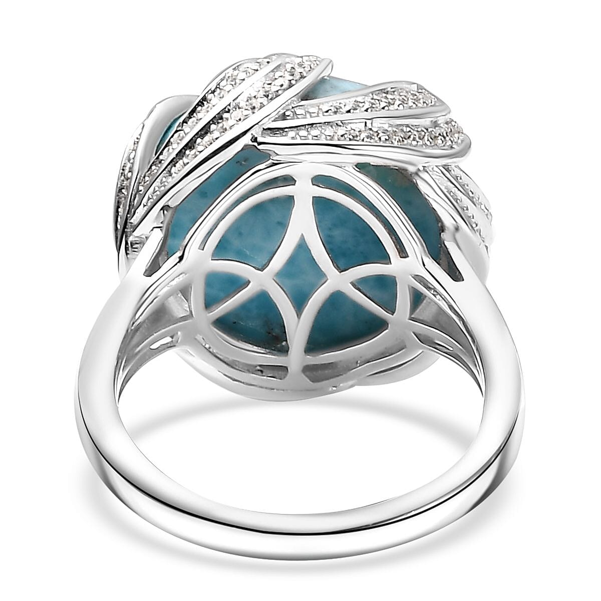 Larimar and White Zircon 14.85 ctw Ocean Waves Ring in Rhodium Over Sterling Silver (Size 9.0) image number 4