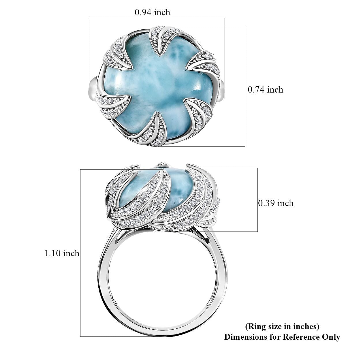 Larimar and White Zircon 14.85 ctw Ocean Waves Ring in Rhodium Over Sterling Silver (Size 9.0) image number 5