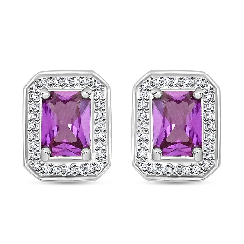 Simulated Alexandrite and Simulated Diamond 3.65 ctw Earrings in Silvertone
