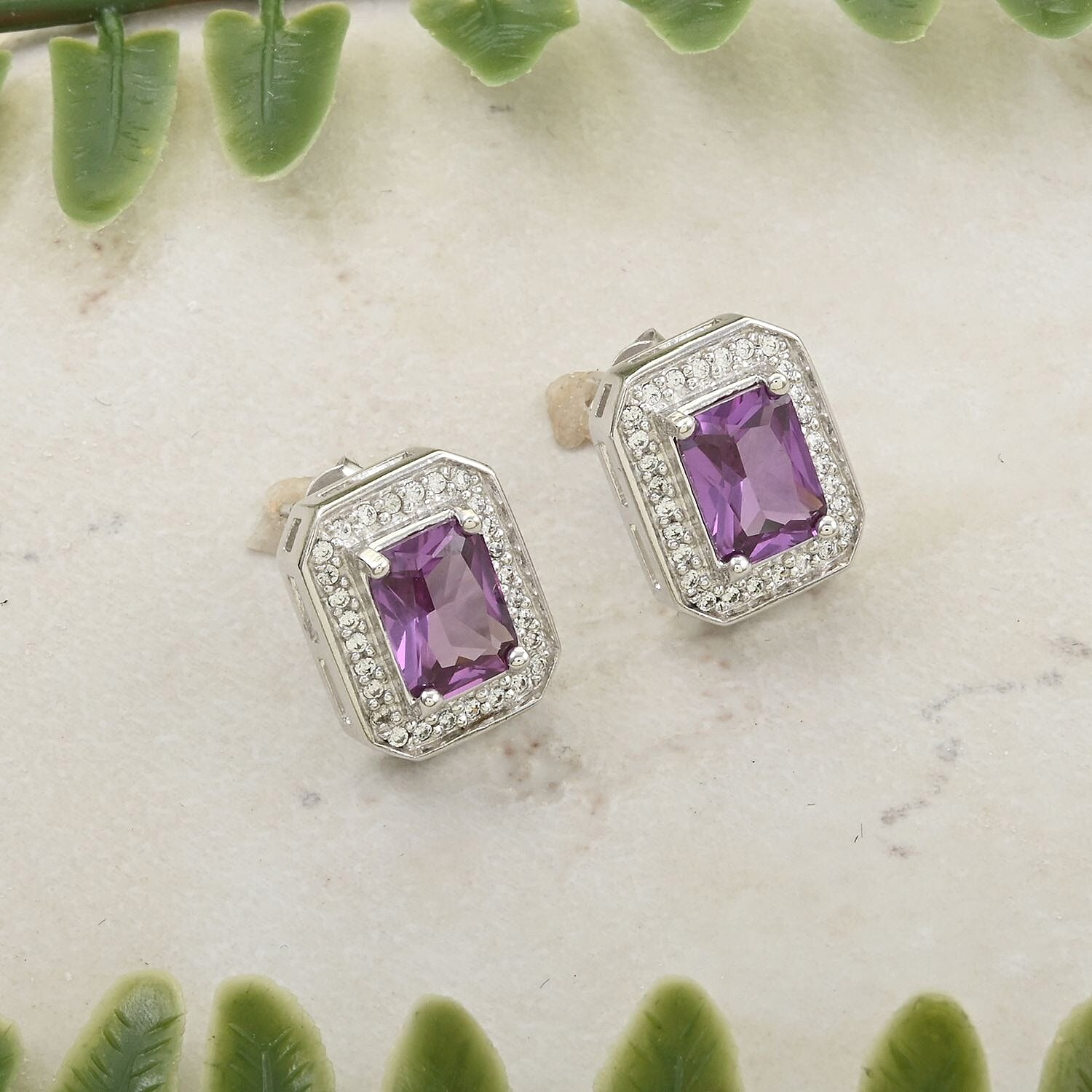 Simulated Alexandrite and Simulated Diamond 3.65 ctw Earrings in Silvertone