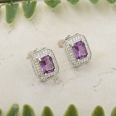 Simulated Alexandrite and Simulated Diamond 3.65 ctw Earrings in Silvertone
