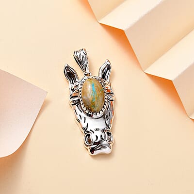 D'Joy Artisan Crafted Royston Ribbon Turquoise 6.70 ctw Horse Head Pendant without Chain in Black Oxidized Sterling Silver
