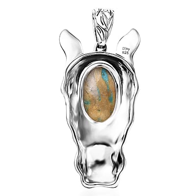 D'Joy Artisan Crafted Royston Ribbon Turquoise 6.70 ctw Horse Head Pendant without Chain in Black Oxidized Sterling Silver
