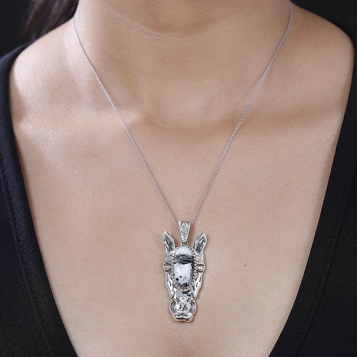 D'Joy Artisan Crafted White Buffalo 8.80 ctw Horse Head Pendant without Chain in Black Oxidized Sterling Silver image number 2