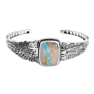 Artisan Crafted Royston Ribbon Turquoise 16.85 ctw Eagle and Feather Cuff Bracelet in Black Oxidized Sterling Silver (7.25 In)