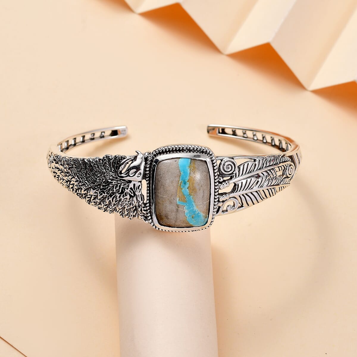 Artisan Crafted Royston Ribbon Turquoise 16.85 ctw Eagle and Feather Cuff Bracelet in Black Oxidized Sterling Silver (7.25 In) image number 1
