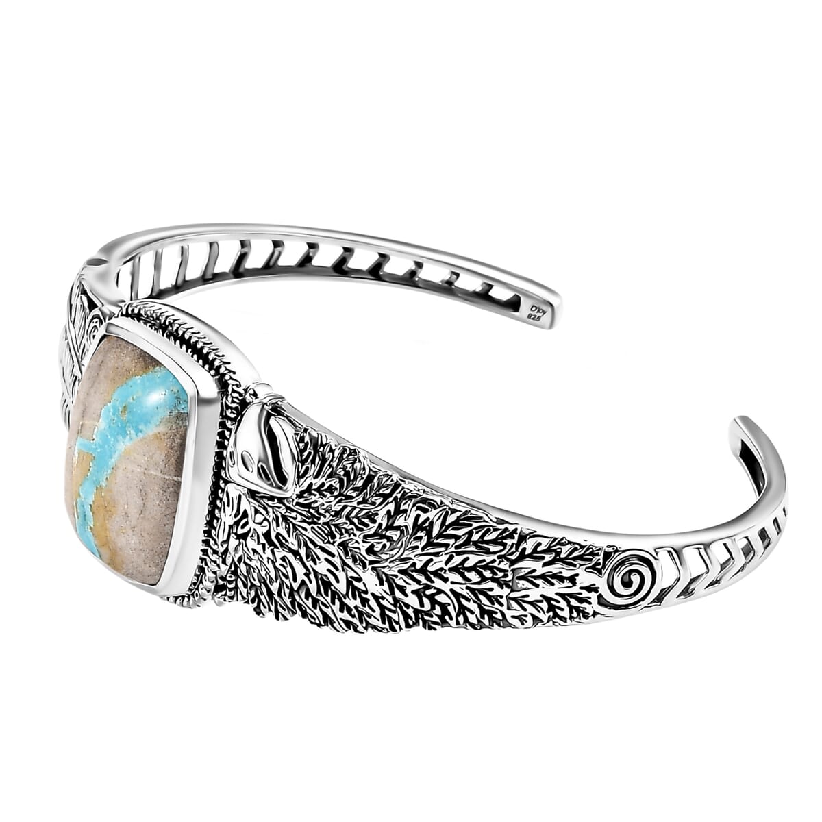 Artisan Crafted Royston Ribbon Turquoise 16.85 ctw Eagle and Feather Cuff Bracelet in Black Oxidized Sterling Silver (7.25 In) image number 3