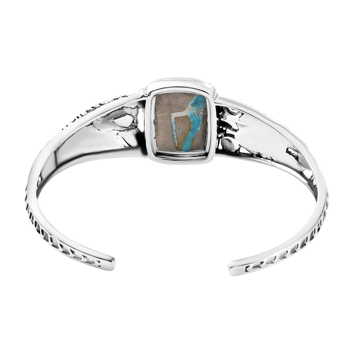 Artisan Crafted Royston Ribbon Turquoise 16.85 ctw Eagle and Feather Cuff Bracelet in Black Oxidized Sterling Silver (7.25 In) image number 4