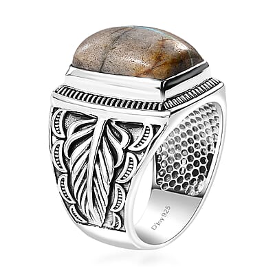 D'Joy Artisan Crafted Royston Ribbon Turquoise 10.00 ctw Feather Men's Ring in Black Oxidized Sterling Silver (Size 10.0)