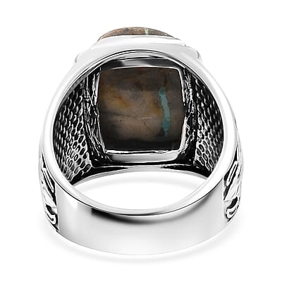 D'Joy Artisan Crafted Royston Ribbon Turquoise 10.00 ctw Feather Men's Ring in Black Oxidized Sterling Silver (Size 10.0)