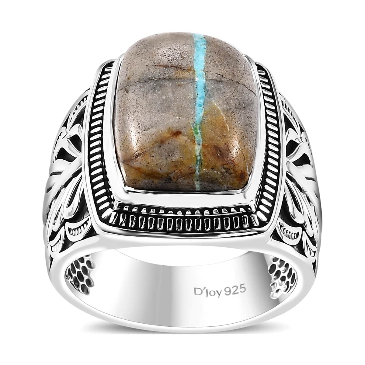 Artisan Crafted Royston Ribbon Turquoise 10.00 ctw Feather Men's Ring in Black Oxidized Sterling Silver (Size 11.0) image number 0