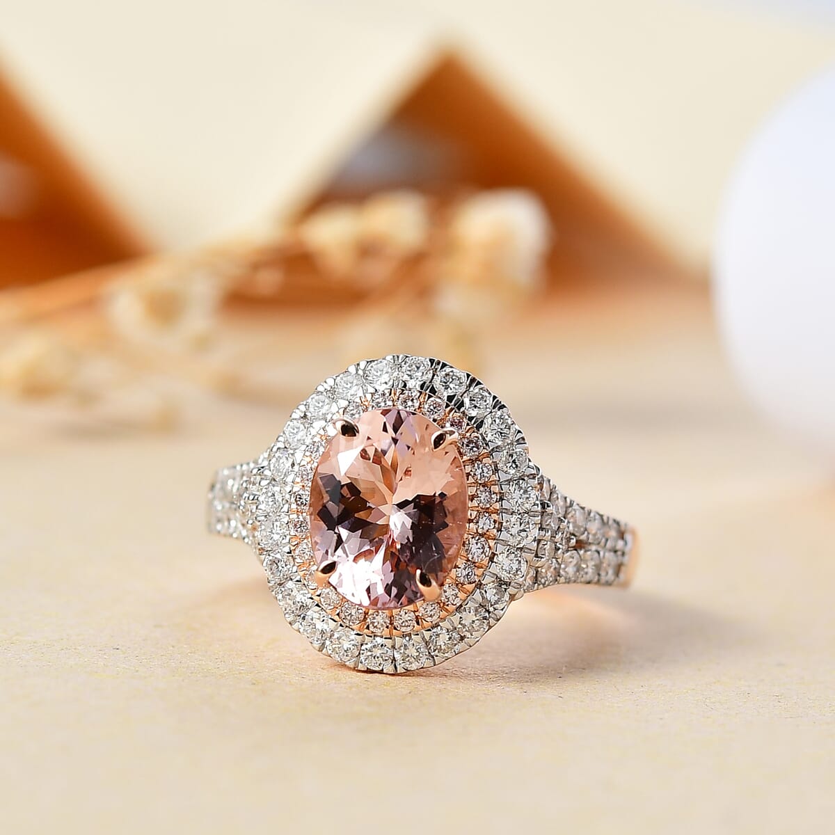 Certified & Appraised Luxoro AAA Palmeiras Pink Morganite and G-H I2 Diamond 2.50 ctw Double Halo Ring in 14K Rose Gold (Size 6.0) 4.41 Grams image number 1