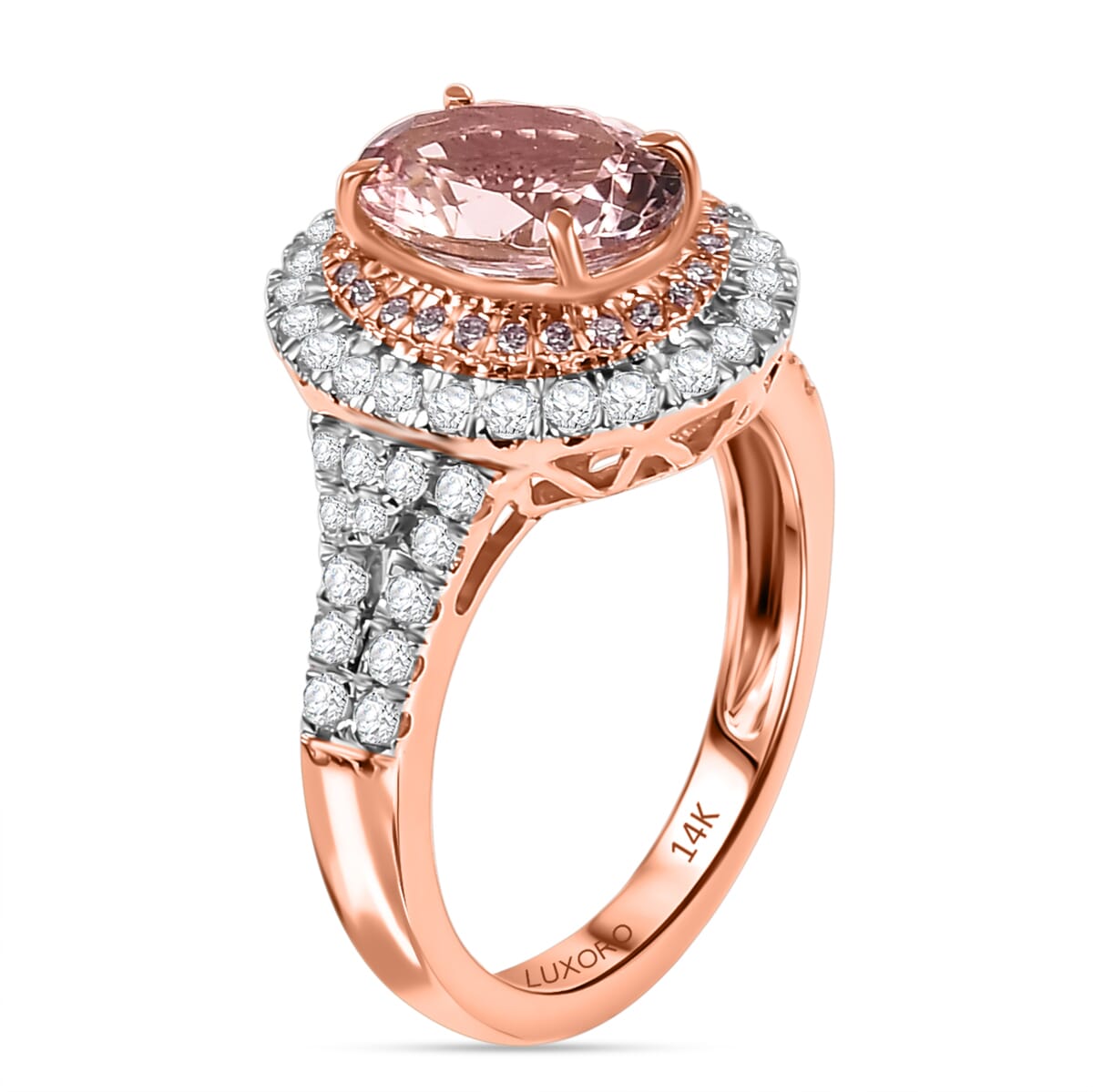 Certified & Appraised Luxoro AAA Palmeiras Pink Morganite and G-H I2 Diamond 2.50 ctw Double Halo Ring in 14K Rose Gold (Size 6.0) 4.41 Grams image number 3