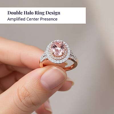 Certified & Appraised Luxoro AAA Palmeiras Pink Morganite and G-H I2 Diamond 2.50 ctw Double Halo Ring in 14K Rose Gold (Size 7.0) 4.41 Grams