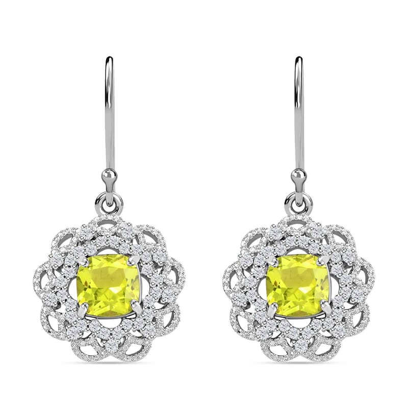 Simulated Peridot and Simulated Diamond Earrings in Silvertone 3.35 ctw