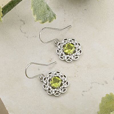 Simulated Peridot and Simulated Diamond Earrings in Silvertone 3.35 ctw