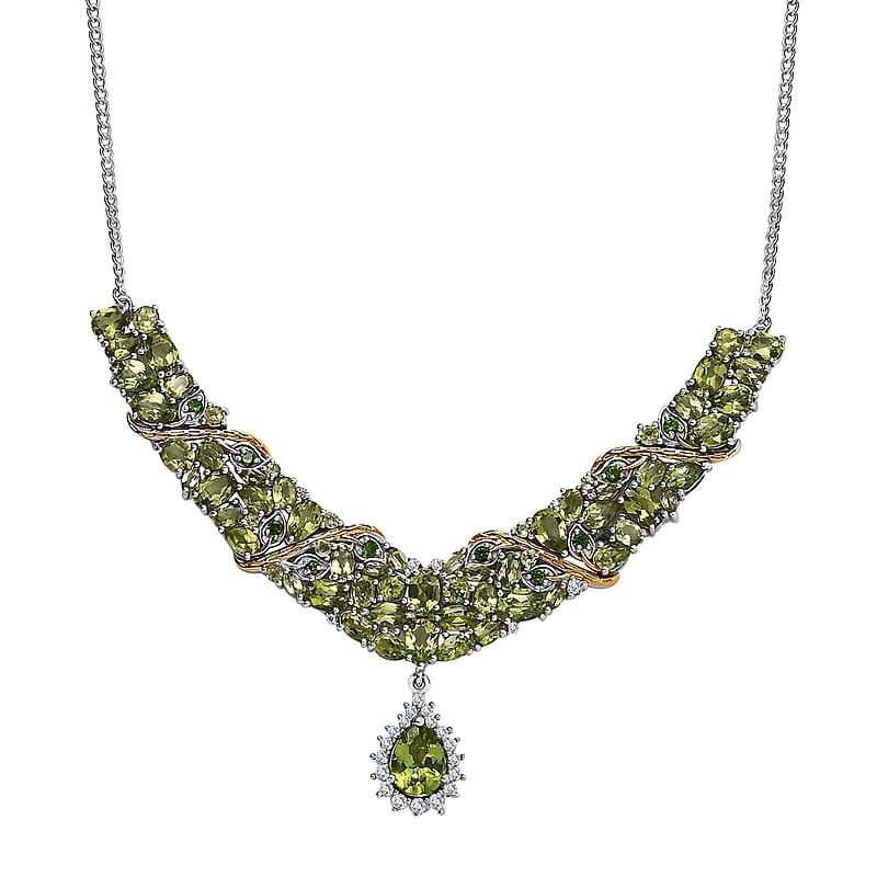 D'Joy Hebei Peridot and Multi Gemstone 18.10 ctw Floral Vines Necklace in 18K Vermeil YG and Rhodium Over Sterling Silver 18 Inches