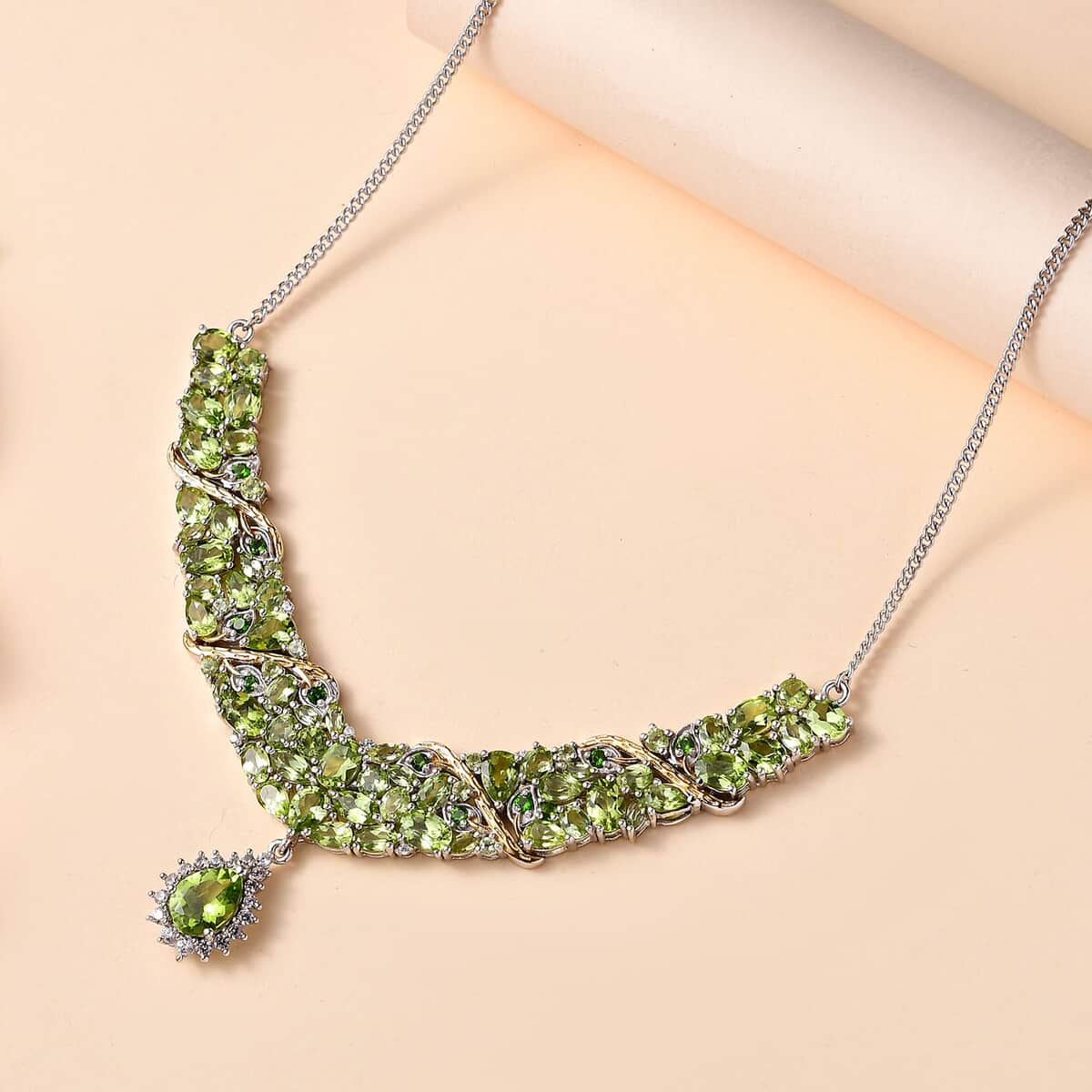 Hebei Peridot and Multi Gemstone 18.10 ctw Floral Vines Necklace in 18K Vermeil YG and Rhodium Over Sterling Silver 18 Inches image number 1