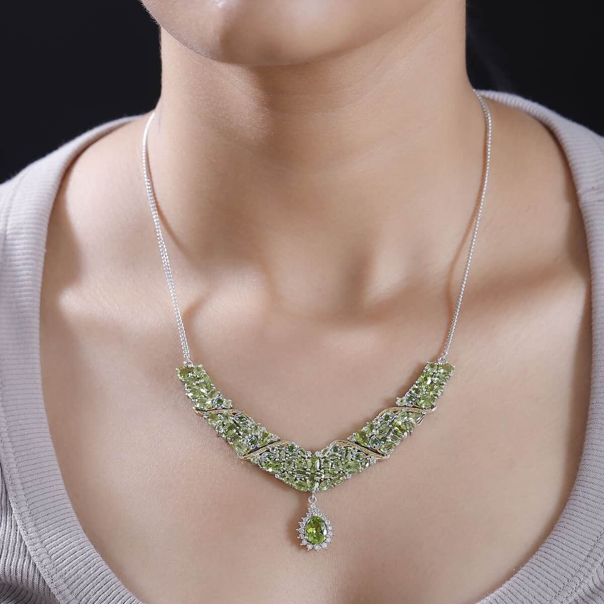 Hebei Peridot and Multi Gemstone 18.10 ctw Floral Vines Necklace in 18K Vermeil YG and Rhodium Over Sterling Silver 18 Inches image number 2