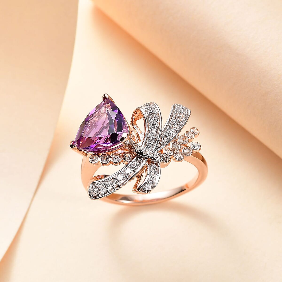 Moroccan Rose and White Zircon 3.50 ctw Love Bow Ring in 18K Vermeil Rose Gold Over Sterling Silver (Size 8.0) image number 1