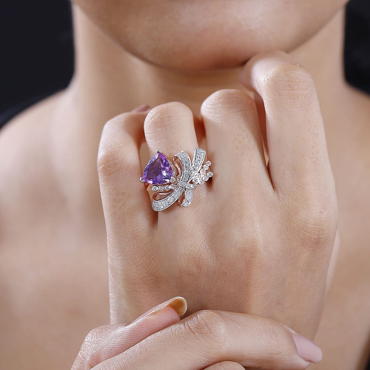 Moroccan Rose and White Zircon 3.50 ctw Love Bow Ring in 18K Vermeil Rose Gold Over Sterling Silver (Size 8.0) image number 2