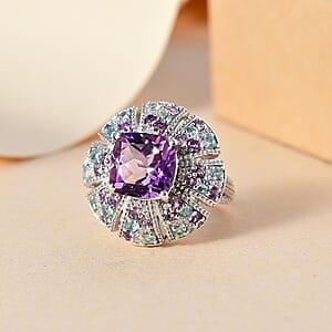 Moroccan Rose and Multi Gemstone 5.85 ctw Floral Ring in Rhodium Over Sterling Silver (Size 6.0)