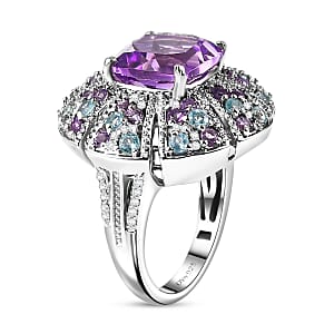 Moroccan Rose and Multi Gemstone 5.85 ctw Floral Ring in Rhodium Over Sterling Silver (Size 6.0)