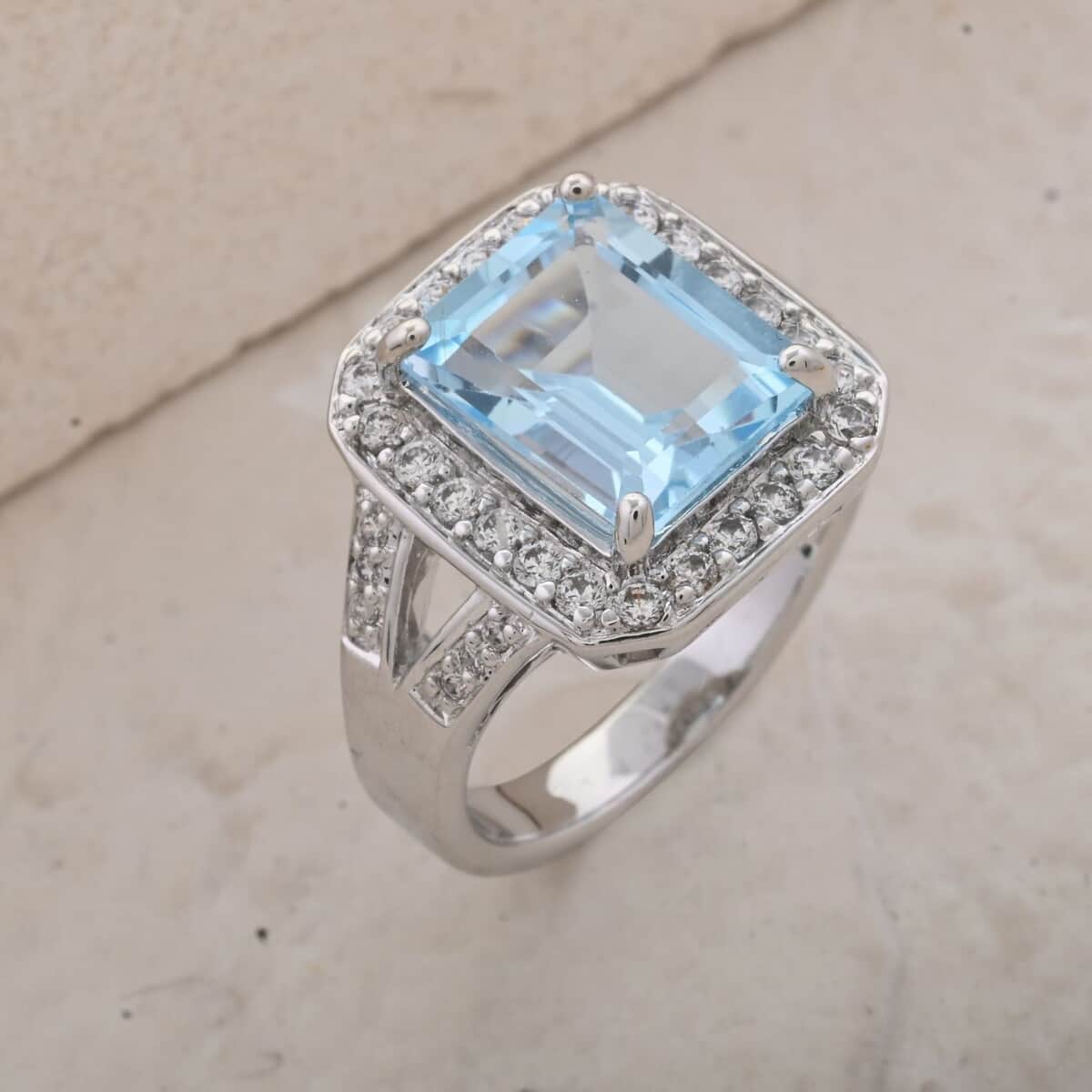 Blue Topaz and Simulated Diamond 5.10 ctw Ring in Silvertone (Size 9.0) image number 1