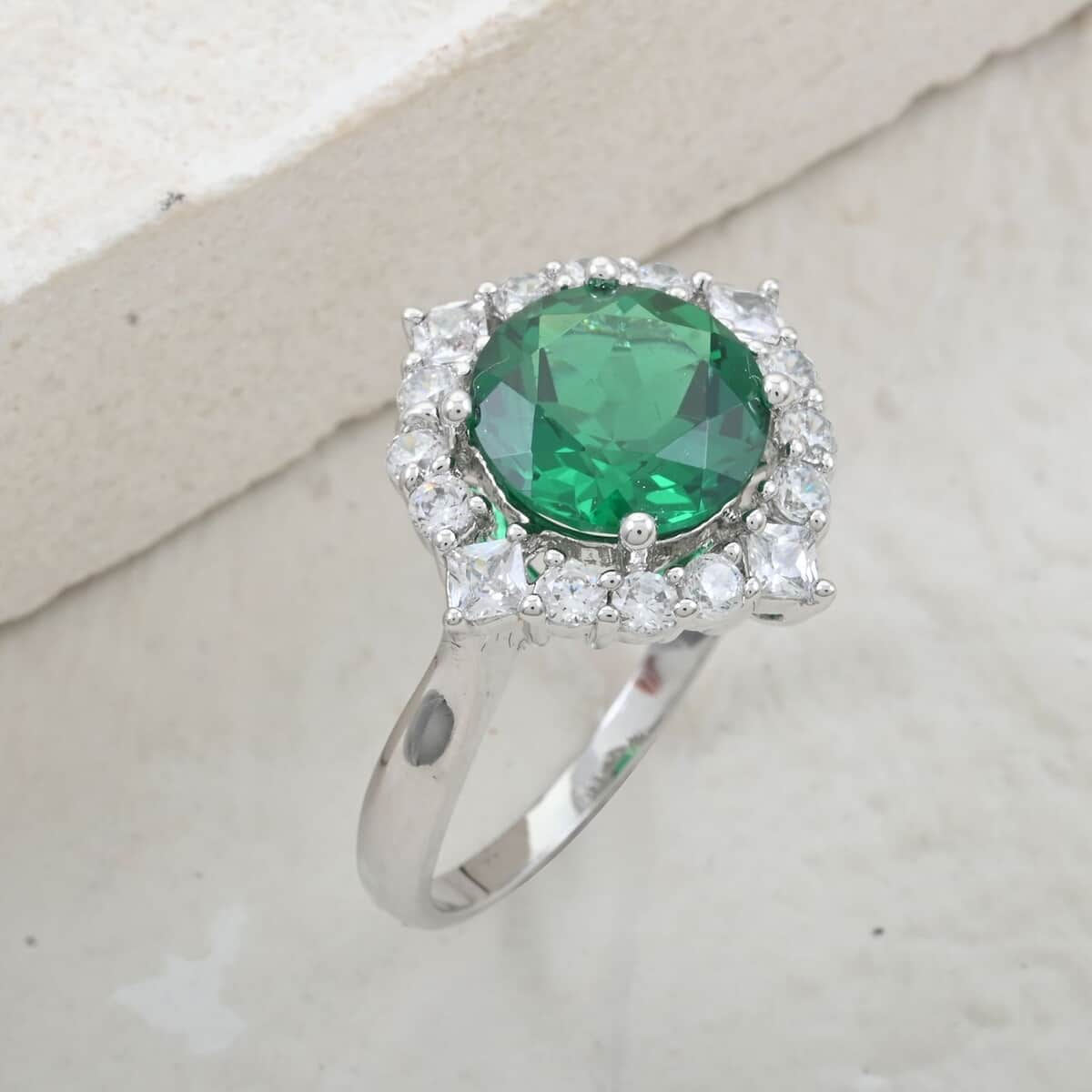 Simulated Emerald and Simulated Diamond 6.10 ctw Ring in Silvertone (Size 6.0) image number 1