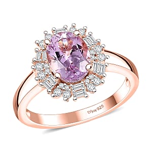 Martha Rocha Kunzite and Moissanite 2.50 ctw Halo Ring in 18K Vermeil Rose Gold Over Sterling Silver (Size 8.0)