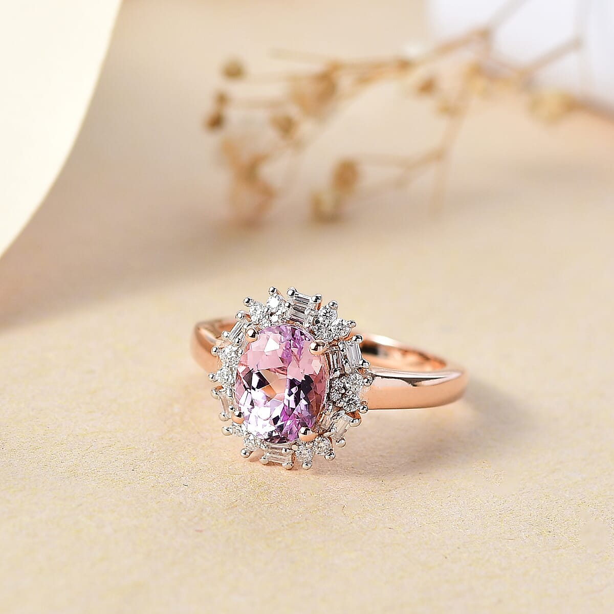 Martha Rocha Kunzite and Moissanite 2.50 ctw Halo Ring in 18K Vermeil Rose Gold Over Sterling Silver (Size 8.0) image number 1