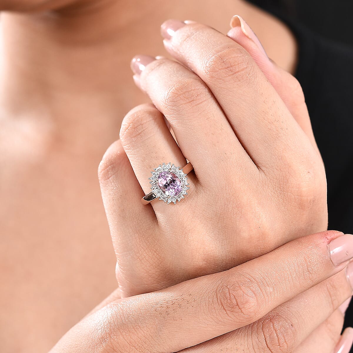 Martha Rocha Kunzite and Moissanite 2.50 ctw Halo Ring in 18K Vermeil Rose Gold Over Sterling Silver (Size 8.0) image number 2