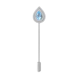 Blue Topaz and Simulated Diamond 3.10 ctw Brooch in Silvertone