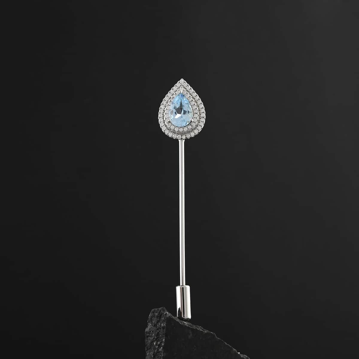 Blue Topaz and Simulated Diamond 3.10 ctw Brooch in Silvertone image number 1