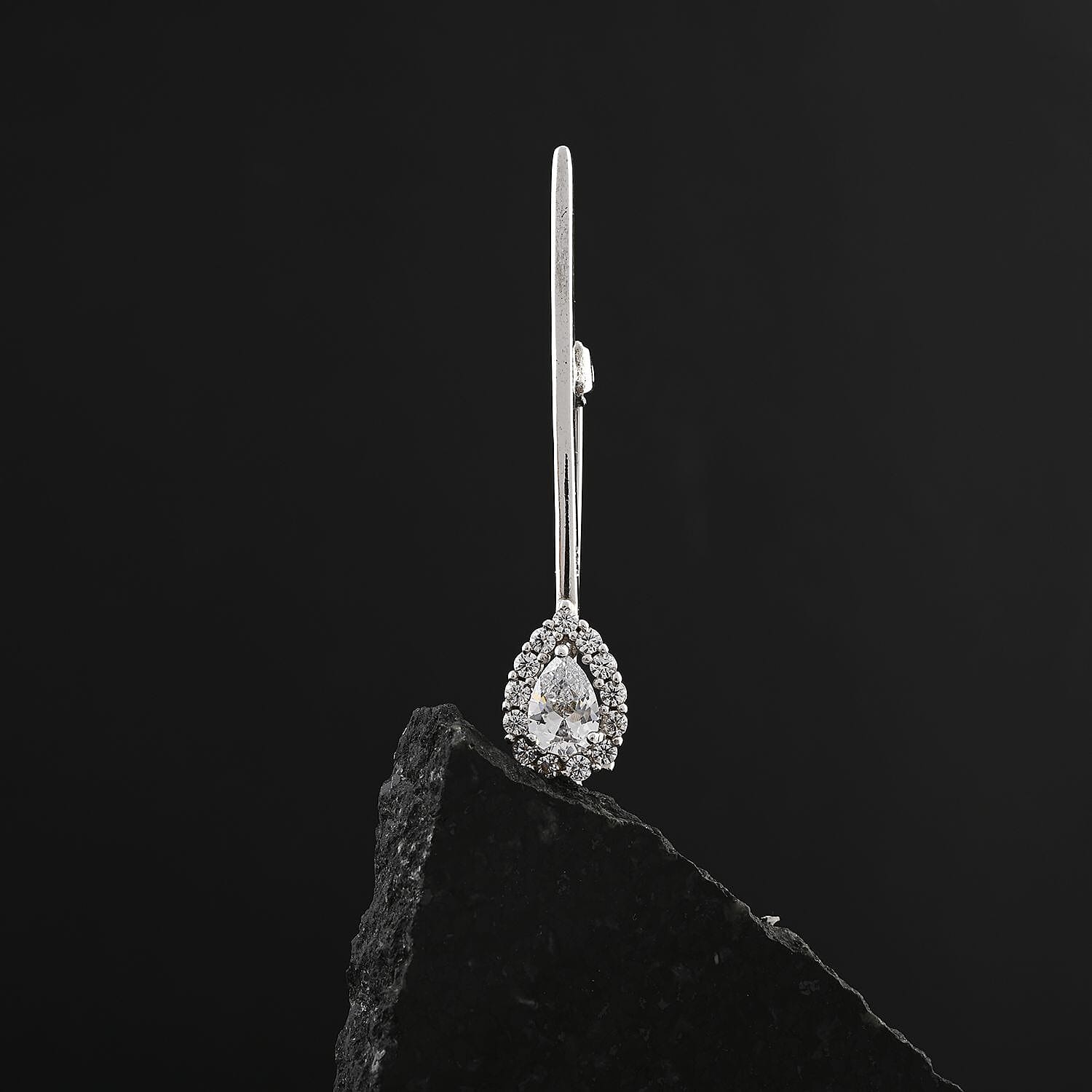 Simulated Diamond Teardrop Brooch in Sterling Silver