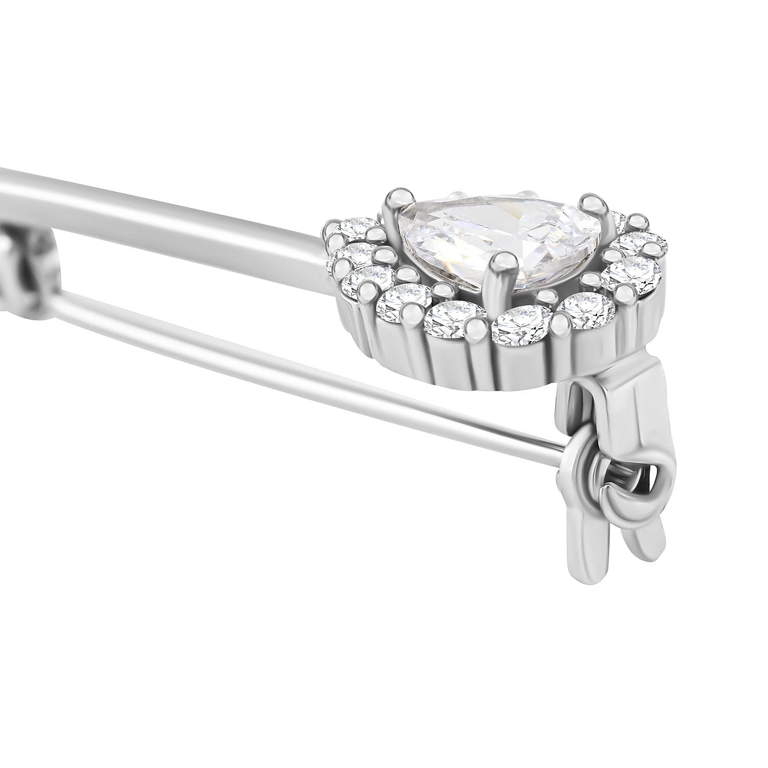 Simulated Diamond Teardrop Brooch in Sterling Silver