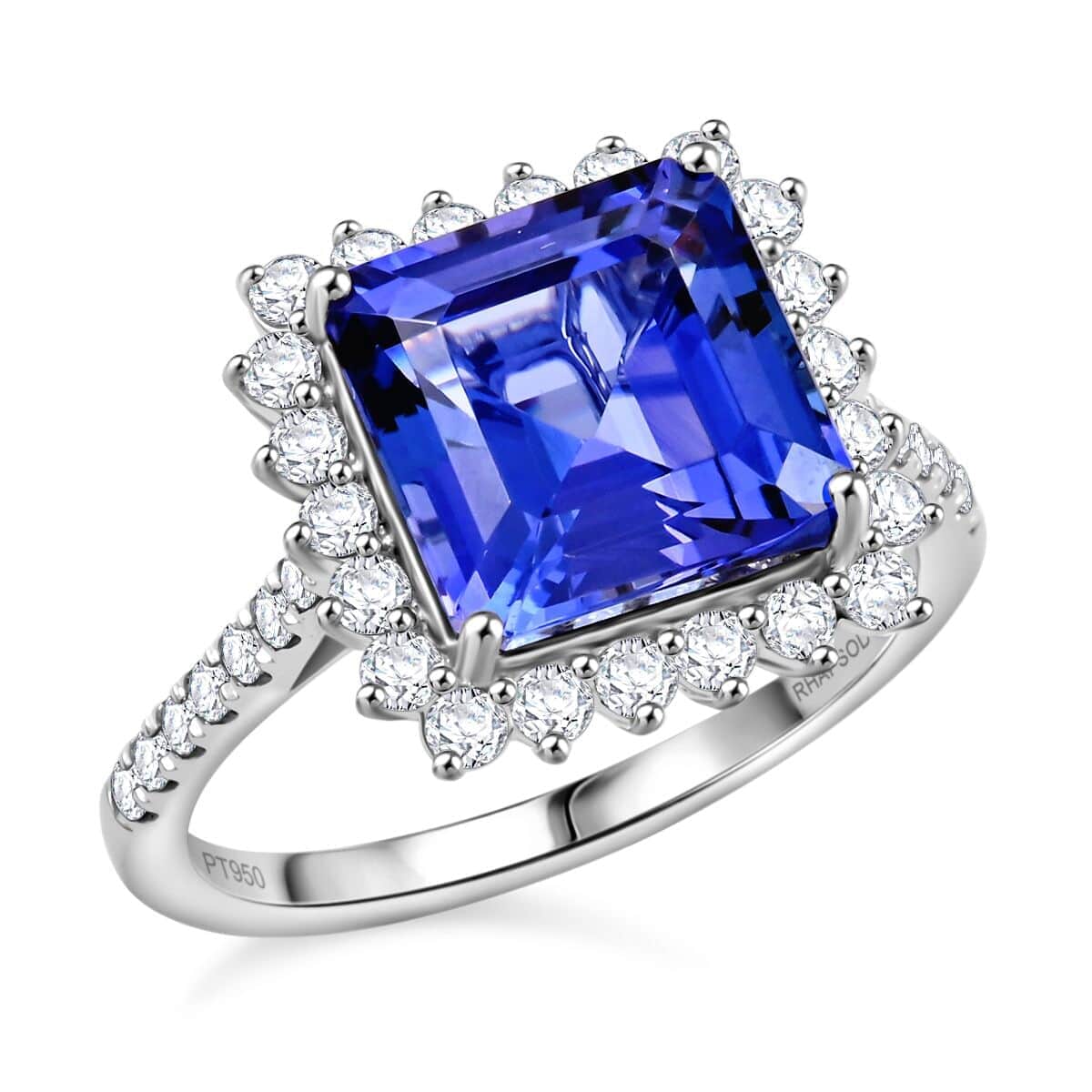 Certified & Appraised Rhapsody Asscher Cut AAAA Tanzanite and E-F VS Diamond 7.30 ctw Ring in 950 Platinum 7.03 Grams image number 0